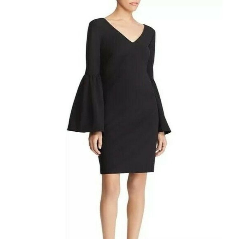 Lauren Ralph Lauren Solid Black V Neck Bell Sleeves Cocktail Dress Size 2 Zip Up